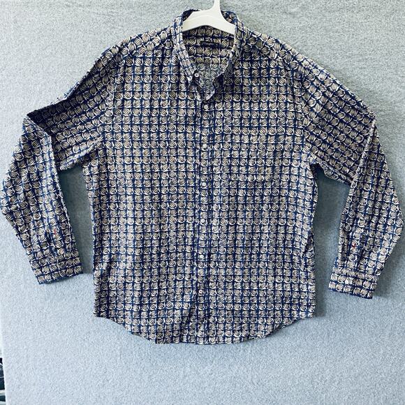 J. McLaughlin Shirt Mens Size XL Blue & Yellow print Button Up Classic Preppy - Picture 2 of 7